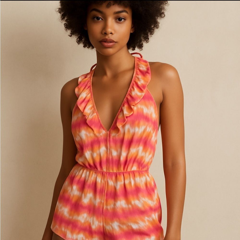 Victoria’s Secret Tie Dye Halter Ruffle Frill Shorts Romper Beach CoverUp